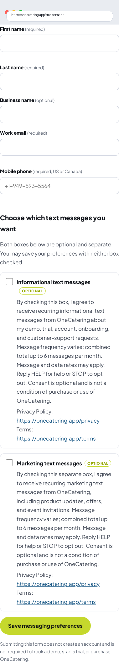 Mobile screenshot of the OneCatering SMS consent form at onecatering.app/sms-consent showing the browser URL, the mobile phone field, and both unchecked informational and marketing consent checkboxes with full disclosure language, Privacy Policy and Terms links, and the Save messaging preferences button.